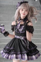 Purple [Dark Night Rose] Boat Neck Short Sleeves Multi-Layered Plaid Printed Ruffled Chain-Decorated Gothic Lolita Dress - Purple - 1