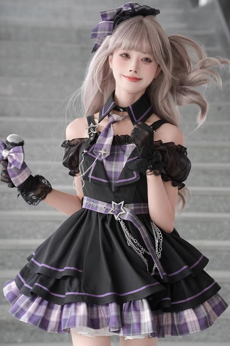 Purple [Dark Night Rose] Boat Neck Short Sleeves Multi-Layered Plaid Printed Ruffled Chain-Decorated Gothic Lolita Dress - Purple - 1