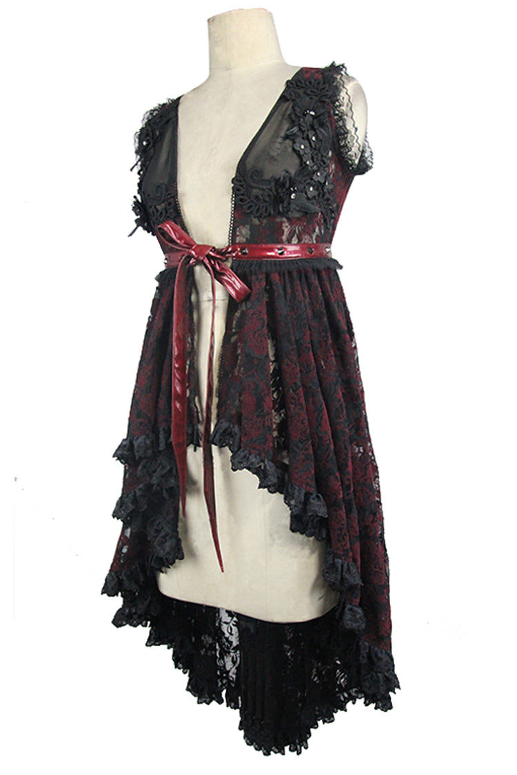 Red Waist Knot Back Lace-Up Frill Hem Sleeveless Rose Lace Mesh Women's Gothic T-Shirt - Product - 9