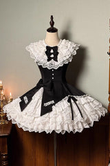 Black/White [Miss Tsundere] Sleeveless Multi-Layered Ruffle Bowknot Lace Asymmetric Sweet Princess Lolita Dress - Black/White - 1