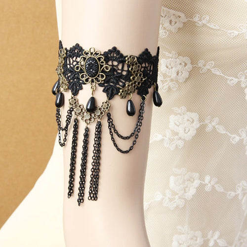 Black Retro Vampire Tassel Pearl Gothic Lolita Bracelet Lace Female Chain Armband - Black - 1