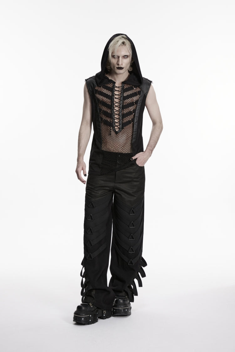 Black Spliced Lace-Up Slim Hooded Mesh Eyelet Men's Punk Cool Vest - Product - 7