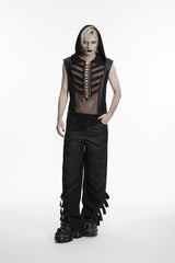 Black Spliced Lace-Up Slim Hooded Mesh Eyelet Men's Punk Cool Vest - Product - 7