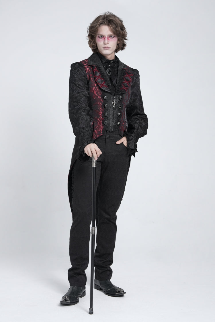 Black/Red Sleeveless Lace-Up Zipper Men's Gothic Swallow-tailed Vest - Product - 11