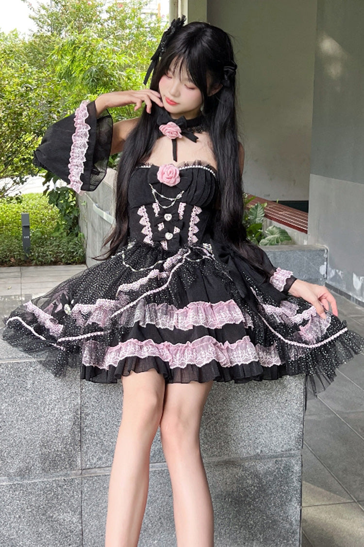 Black/Pink Galaxy Flower Language Multi-Layered Ruffle Bowknot Sweet Lolita Tube Top Dress - image 1