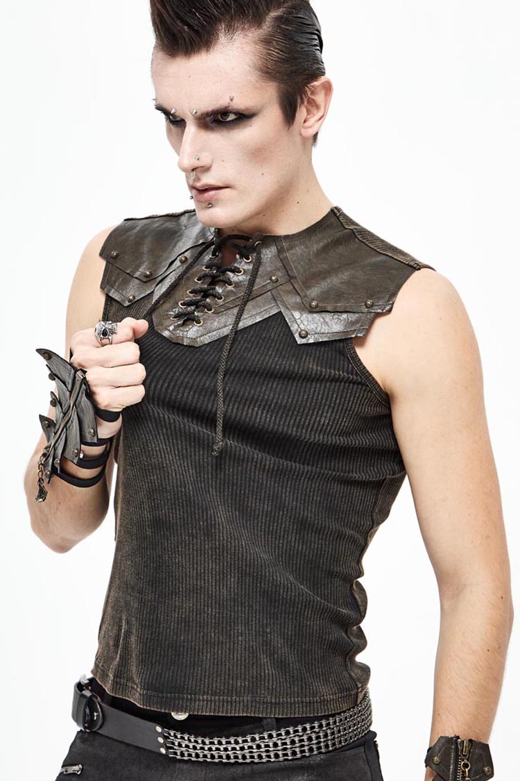 Brown Lace Up Striped Shoulder Armor Shape Chest Knitting Men's Punk Vest - Product - 3