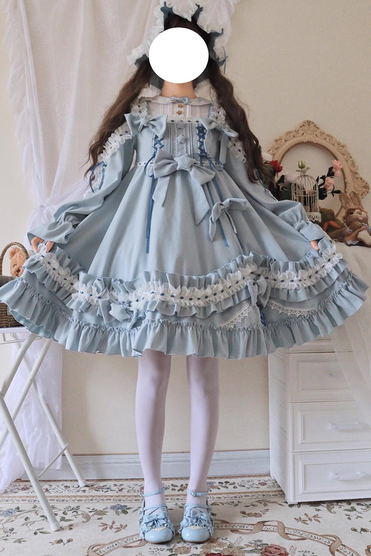 Multi-Color Long Sleeves Ruffle Embroidery Bowknot Sweet Lolita Dress 3 Colors - Blue - 3
