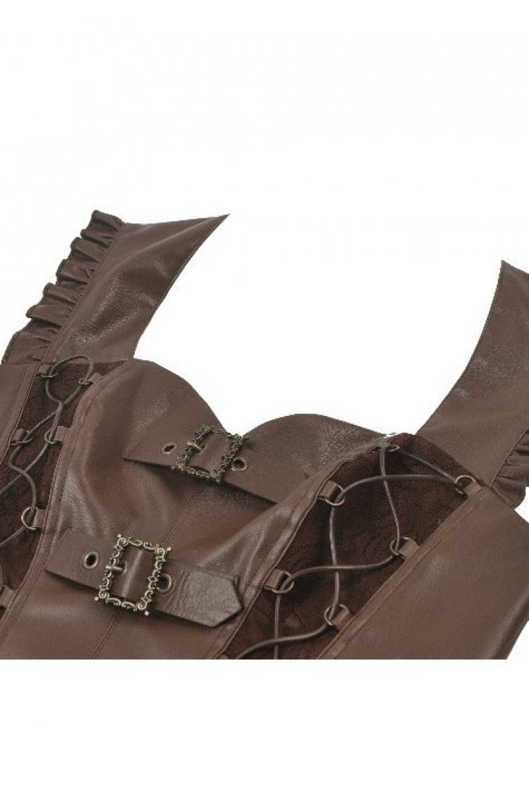 Brown Sweetheart Neckline Ruffled Flutter Sleeves Cut-Out Buckled Strap Women's Steampunk Slim Corset Vest - Product - 12
