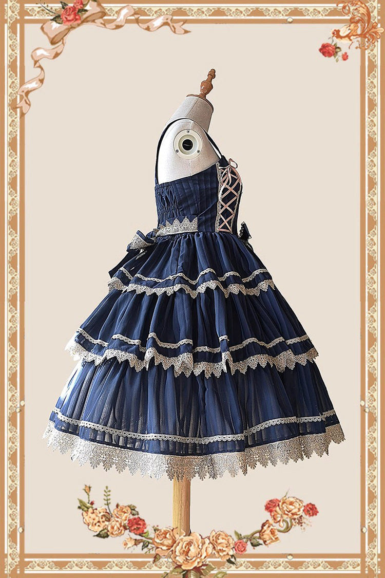 Dark Blue Three-section Cake Sleeveless Ribbon Sweet Lolita Tiered Dress - Product - 6