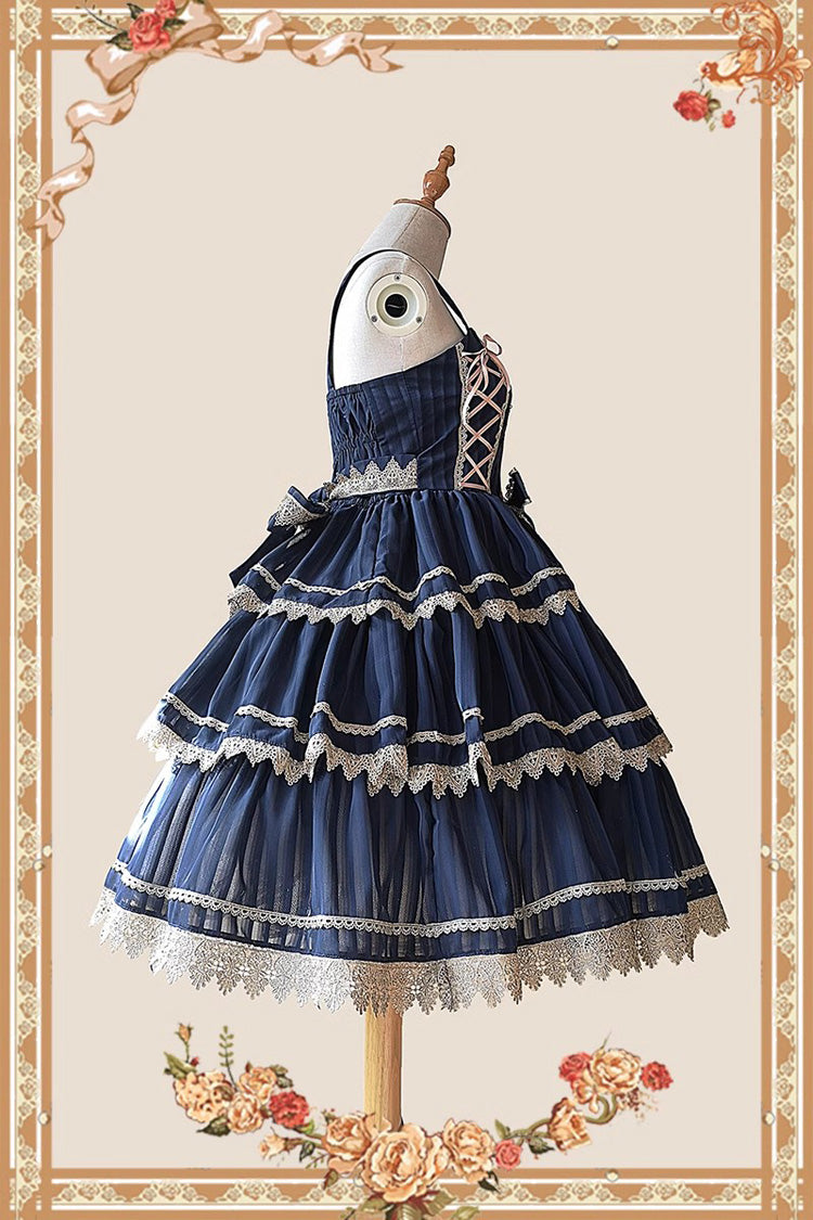 Dark Blue Three-section Cake Sleeveless Ribbon Sweet Lolita Tiered Dress - Product - 6