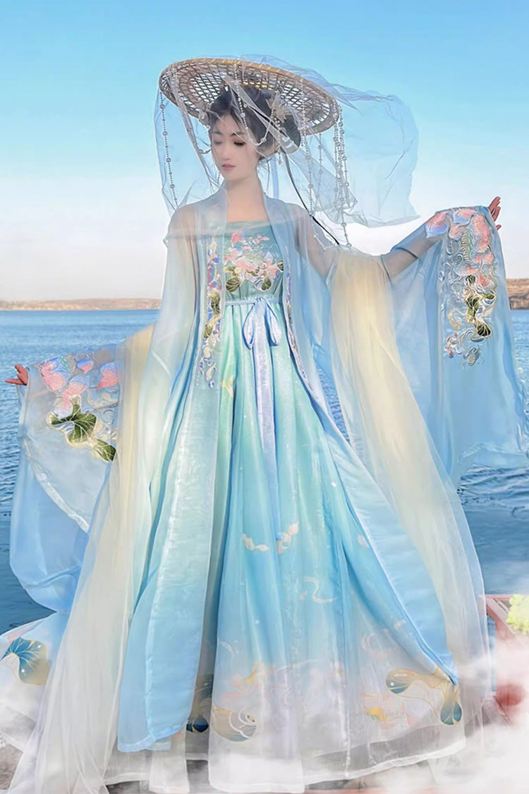 Blue Tang Dynasty Long Trumpet Sleeves Print Embroidery Sweet Hanfu Dress - Blue - 1