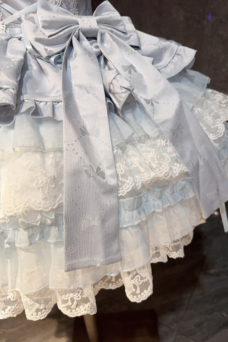 Blue [Misty Mountain Veil] Sleeveless Multi-Layered Ruffled Bow Lace Sweet Princess Ballet Lolita Jsk Dress - Product - 5
