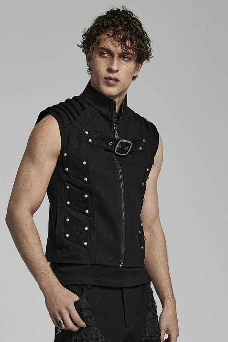 Black Stand Collar Sleeveless Stitching Buckle Decoration Mens Steampunk Vest - Product - 2