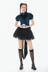 Blue Pinstripe Point Collar Short Puff Sleeves Women's Gothic Blouse with Detachable Bat Bow Tie - Product - 11