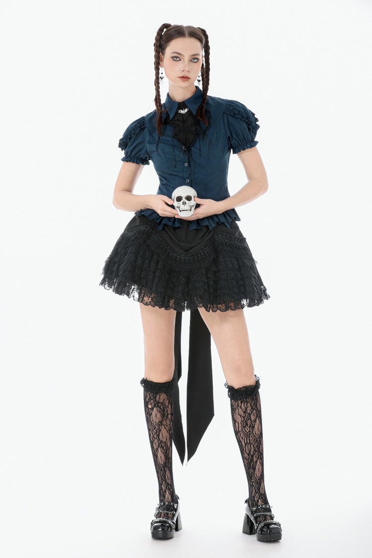 Blue Pinstripe Point Collar Short Puff Sleeves Women's Gothic Blouse with Detachable Bat Bow Tie - Product - 11