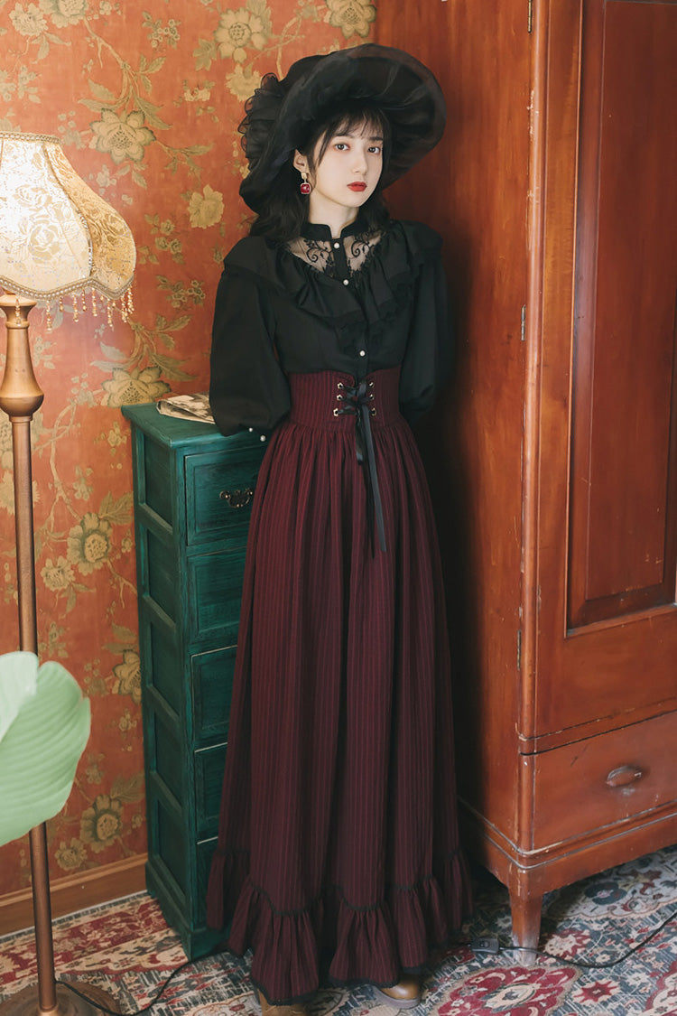 Black/Red Long Sleeves High Waisted Printed Lace Gothic Vintage Lolita Long Skirt Dress Set - Product - 3