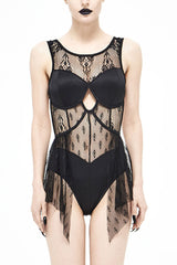 Back Lace Stitching Cross Strap Lace Up Gothic One Piece Swimsuit - Black - 1