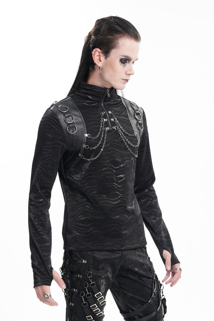 Black Chain Rings Stand Collar Long Sleeves Men's Gothic T-Shirt - Product - 2