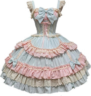 Blue pastel Sweet Lolita layered ruffle lace bow JSK dress