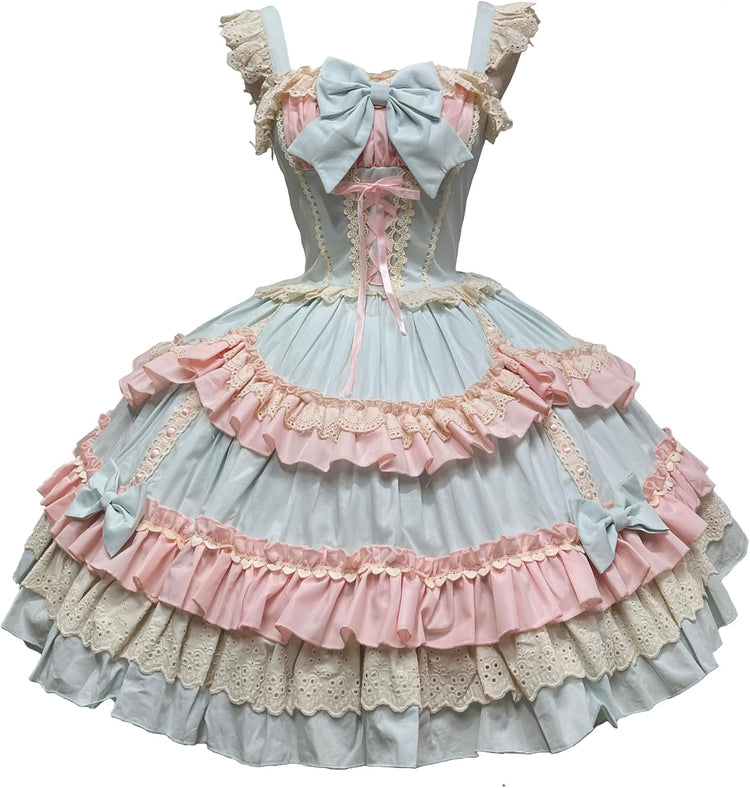 Blue pastel Sweet Lolita layered ruffle lace bow JSK dress