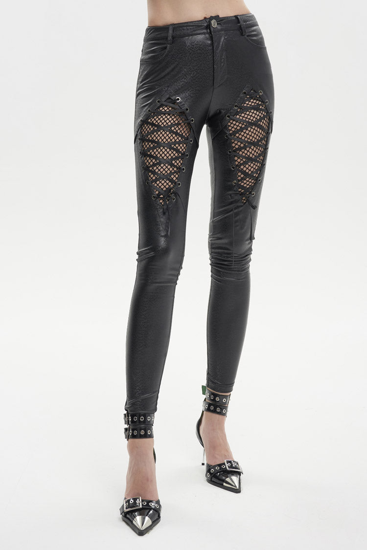 Black Stretch Diamond Wavy String Adjustable Slim Fit Women's Punk Trousers - Product - 2