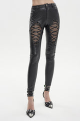 Black Stretch Diamond Wavy String Adjustable Slim Fit Women's Punk Trousers - Product - 2