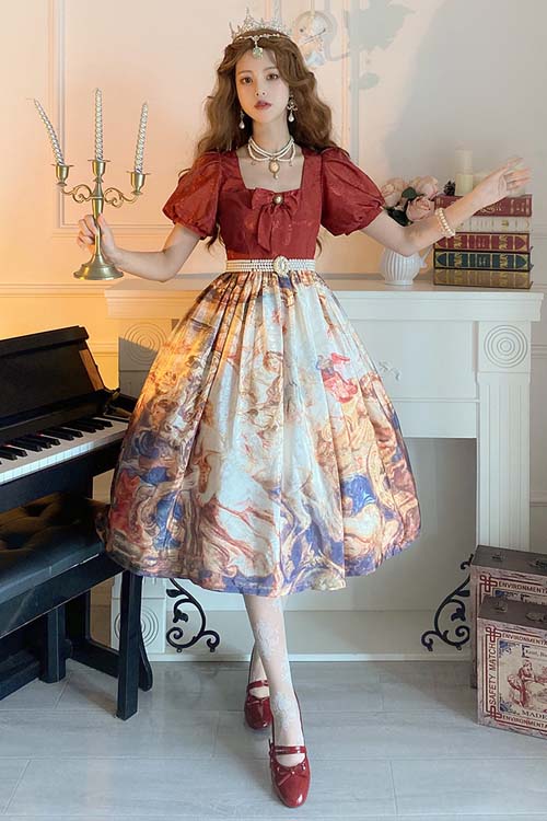 Red Puff Sleeve Church Victory Print Classic Lolita OP Dress - Product - 2