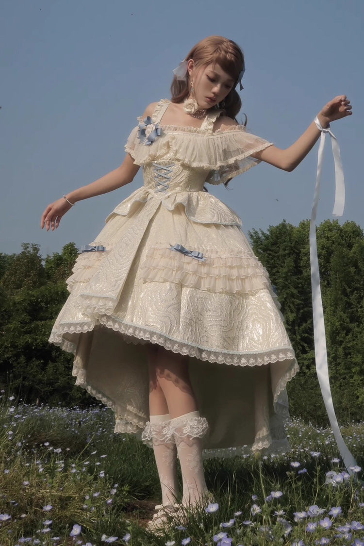 Ivory/Blue [Tycoon's Daughter] Ruffle Bowknot Sweet Elegant Princess Lolita Jsk Dress - Ivory/Blue - 1