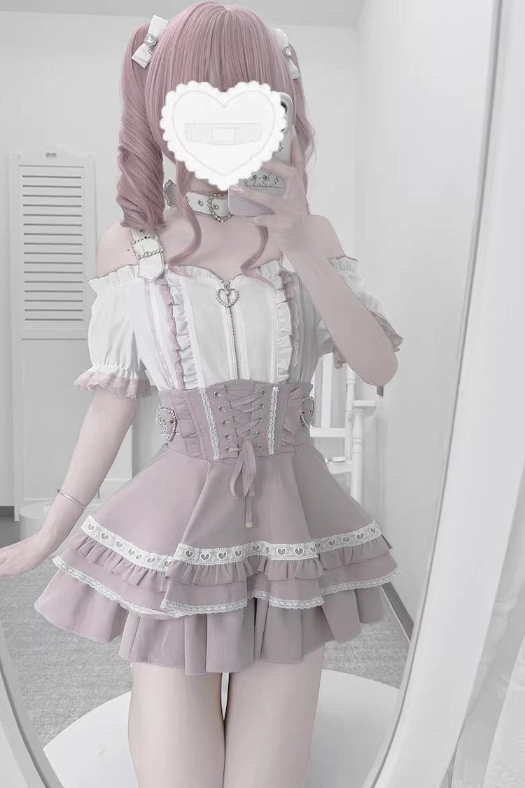 Jirai Kei [Heartbeat Buffy] Stand Collar Sleeveless Triple-Layered Ruffled Lace-Up Zippered Sweet Japanese Skirt and Blouse - Product - 6