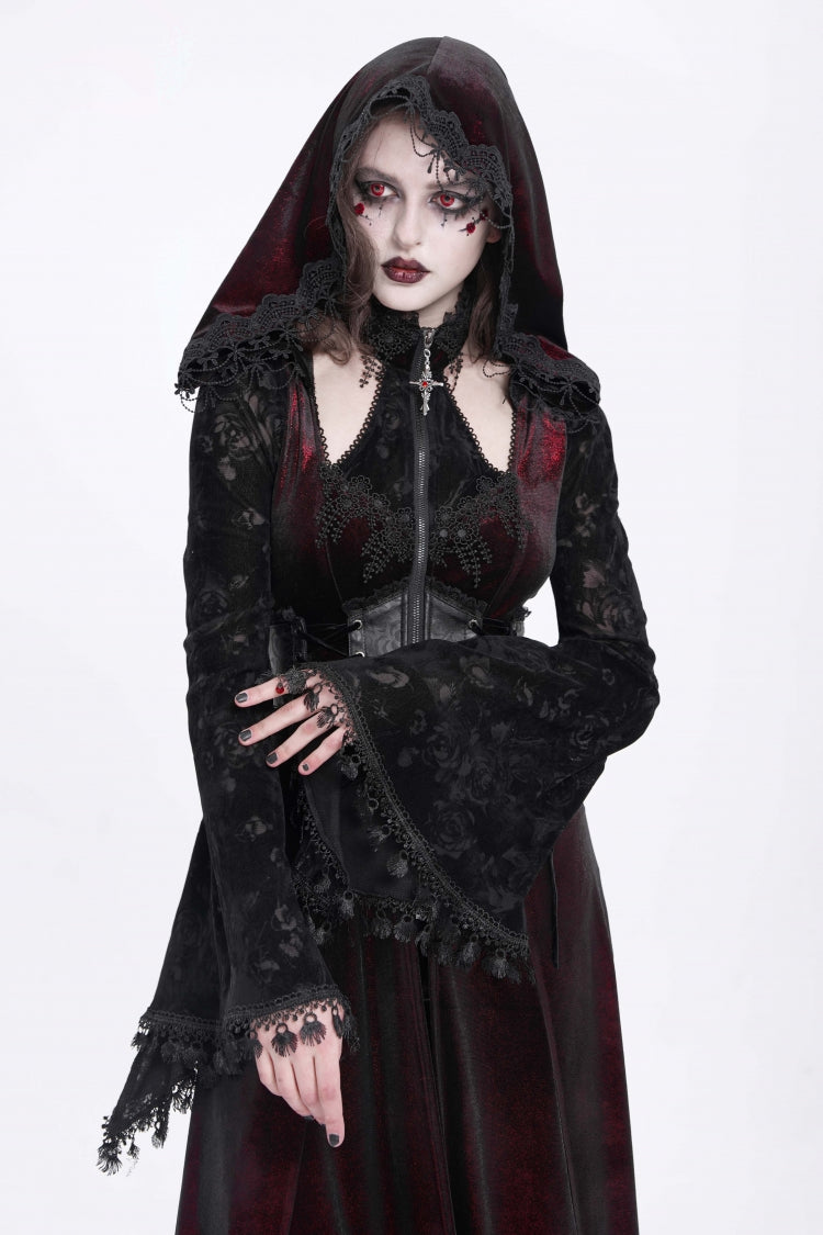 Red Long Sleeves Hollow Embroidery Hooded Ripped Women's Gothic Dress Coat - Product - 11