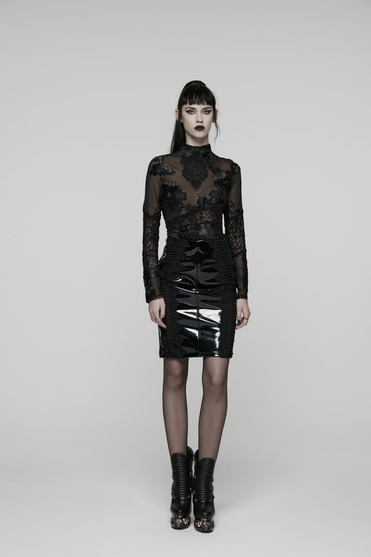 Black Spliced Lace Women's Gothic Lace Splice Faux Leather Skirt - Product - 12