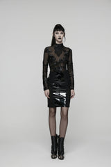 Black Spliced Lace Women's Gothic Lace Splice Faux Leather Skirt - Product - 12