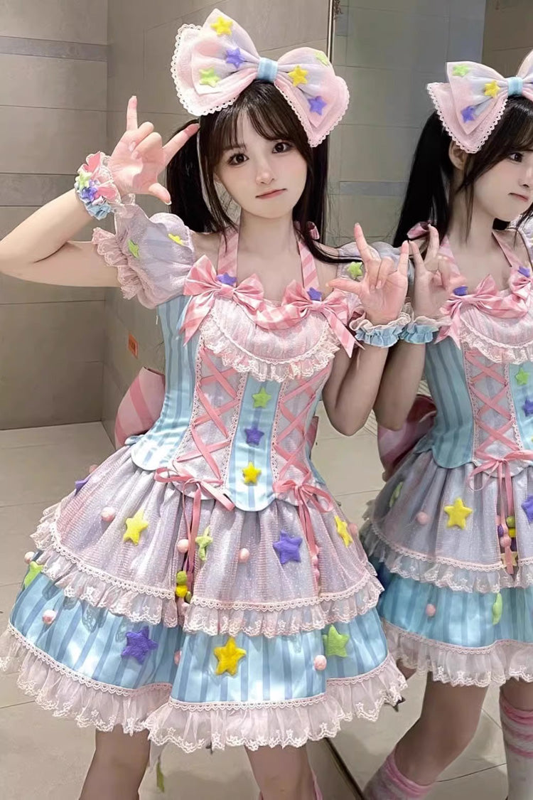 Blue/Pink Magical Girl Short Sleeves Ruffle Bowknot Stars Sweet Princess Lolita Dress - Product - 3