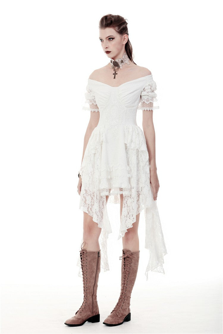 White Off Shoulder Lace Short Sleeves Lace-Up Women's Steampunk Luxurious Wedding Graduation Dress - Product - 11