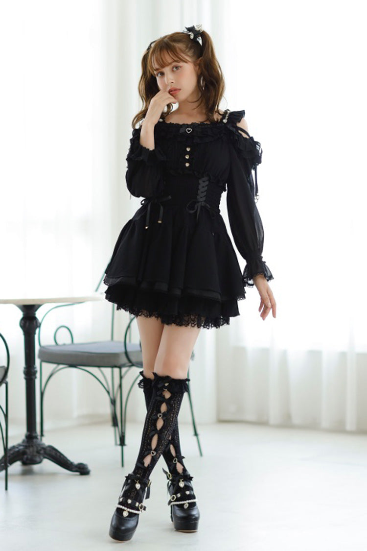 Black Off Shoulder Long Sleeves Floral Print Ruffle Bowknot Lace-Up Gothic Jirai Kei Japanese Skirt Set - Black - 1
