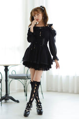 Black Off Shoulder Long Sleeves Floral Print Ruffle Bowknot Lace-Up Gothic Jirai Kei Japanese Skirt Set - Black - 1