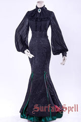 Black/Red [Lorelei] Double-Layered Print Ruffle Gothic Elegant Lolita Jacquard Mermaid Maxi Skirt - Black/Green - 8