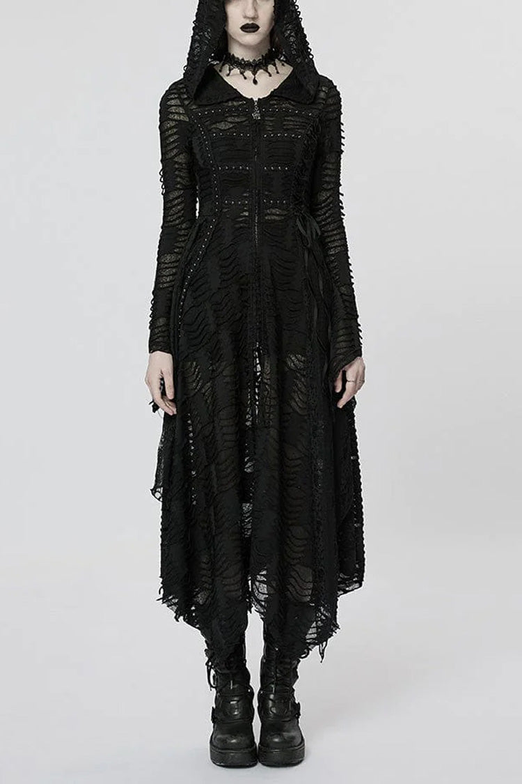 Lace Mesh Irregular Hem Hooded Womens Gothic Coat 2 Colors - Black - 1