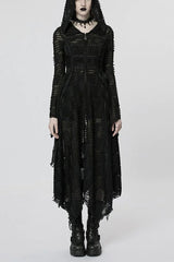 Lace Mesh Irregular Hem Hooded Womens Gothic Coat 2 Colors - Black - 1