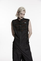Black Stand Collar Sleeveless Cut-Out Spliced Mesh Buckled Eyelet Men's Punk Handsome Vest - Product - 8