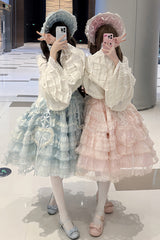 Blue [Sweetheart Diary] Multi-Layered Ruffle Hanayome Embroidery Bowknot Lace Sweet Lolita Jsk Dress - Product - 4