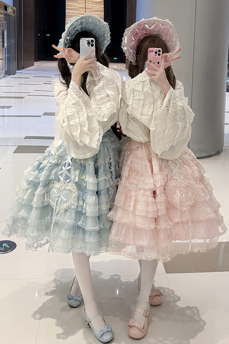 Blue [Sweetheart Diary] Multi-Layered Ruffle Hanayome Embroidery Bowknot Lace Sweet Lolita Jsk Dress - Product - 4