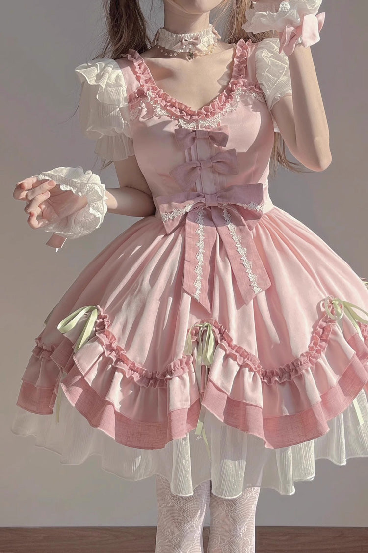 White/Pink Short Sleeves Ruffle Bowknot Princess Sweet Lolita OP Dress - Product - 5