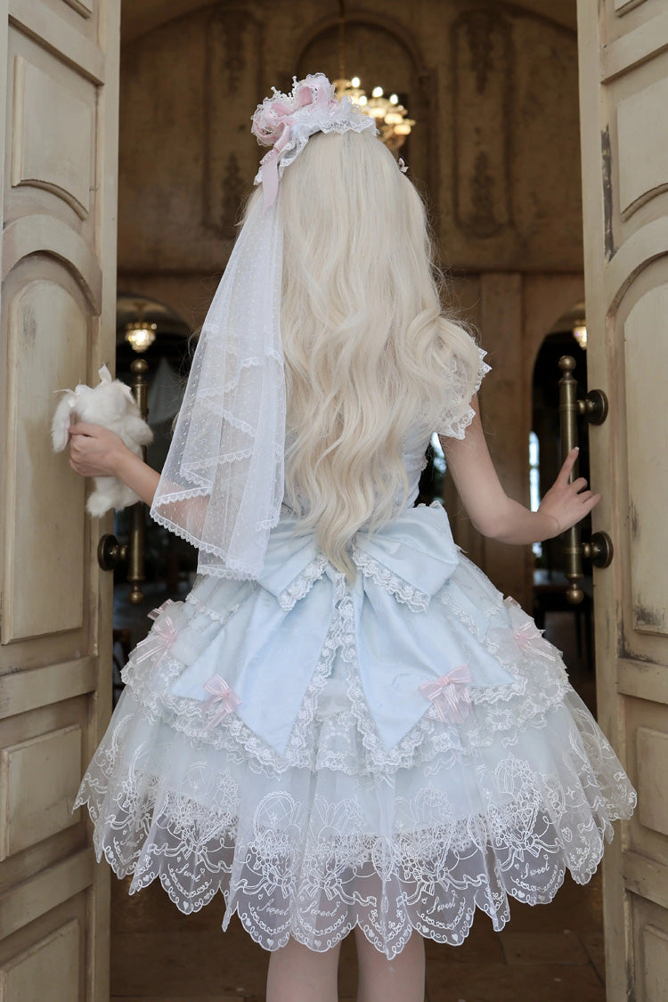 Blue [Bunny Dream Letter] Square Collar Flutter Sleeves Jacquard Ruffled Bow Lace Sweet Princess Balletcore Lolita Jsk Dress - Product - 6