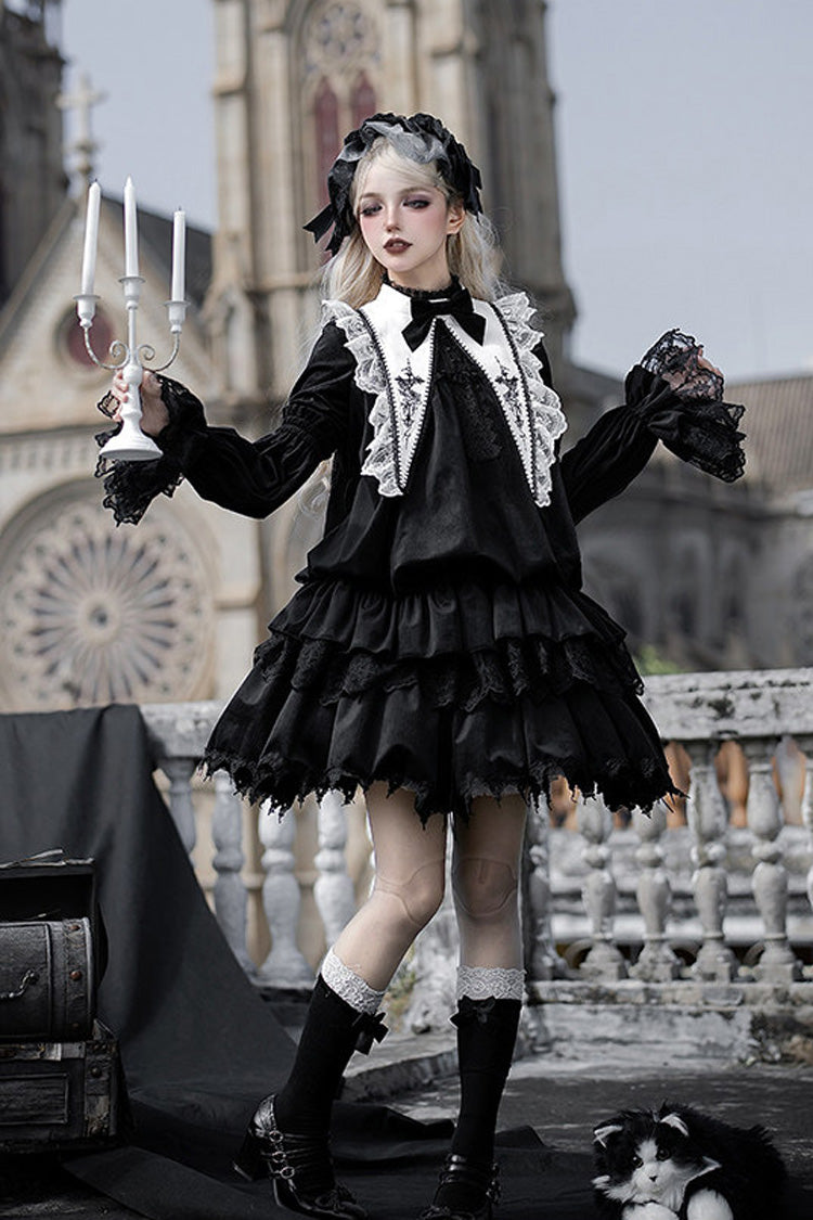 Black [Songs of Dawn and Dusk] Long Lantern Sleeves Multi-Layered Ruffled Bow Adjustable Drawstring Hem Nun Gothic Lolita Dress Set - Product - 3