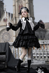 Black [Songs of Dawn and Dusk] Long Lantern Sleeves Multi-Layered Ruffled Bow Adjustable Drawstring Hem Nun Gothic Lolita Dress Set - Product - 3