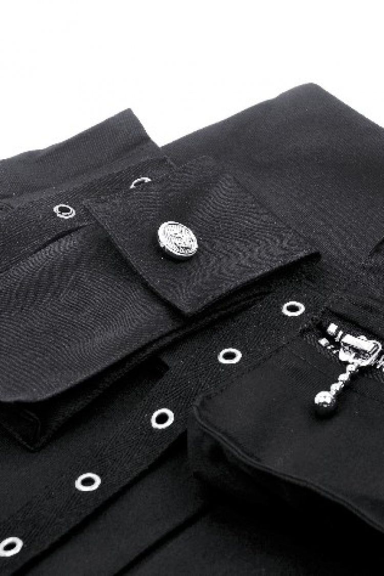 Black Women's Punk Buckled Eyelet Multi-Pockets Pleated Mini Skirt - Product - 15