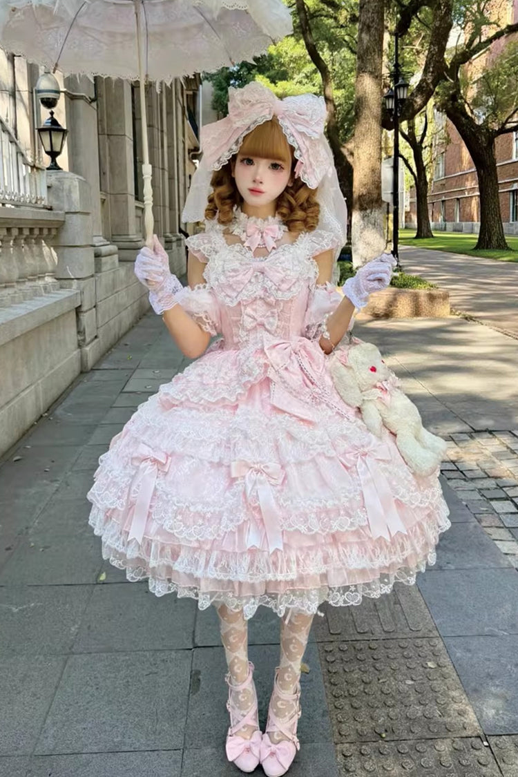 Pink Dream of the Misty Moon Sleeveless Multi-Layered Ruffled Bow Lace Pearl-Decorated Sweet Princess (Dress Only) detail view 6