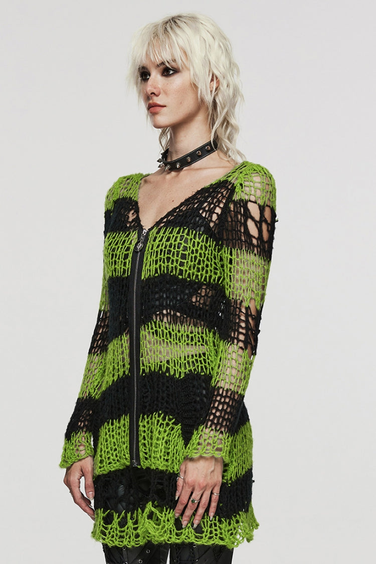 Long Sleeves Striped Print Zipper Irregular Ripped Women's Steampunk Sweater 4 Colors - Product - 19