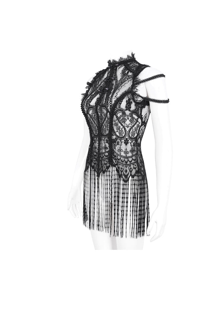 Black Round Collar Embroidery Lace Womens Gothic T-Shirt - Product - 8
